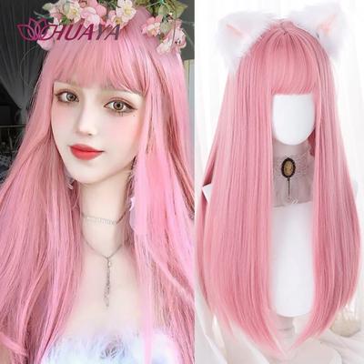 Sentetik Uzun Düz Pembe Peruk Kadın Cosplay Peruk Patlamalı Isıya Dayanıklı Elyaf Günlük Parti Sahte Saç