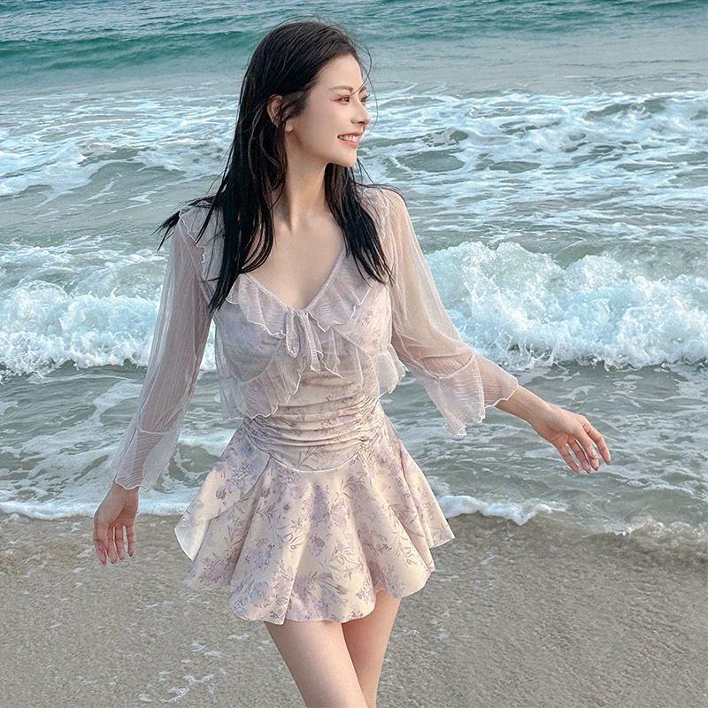 

Новое цельное платье-накидка с V-образным вырезом, облегающее, консервативное, с цветочным принтом, купальник для отпуска на горячих источниках, комплект из двух частей S фиолетовый