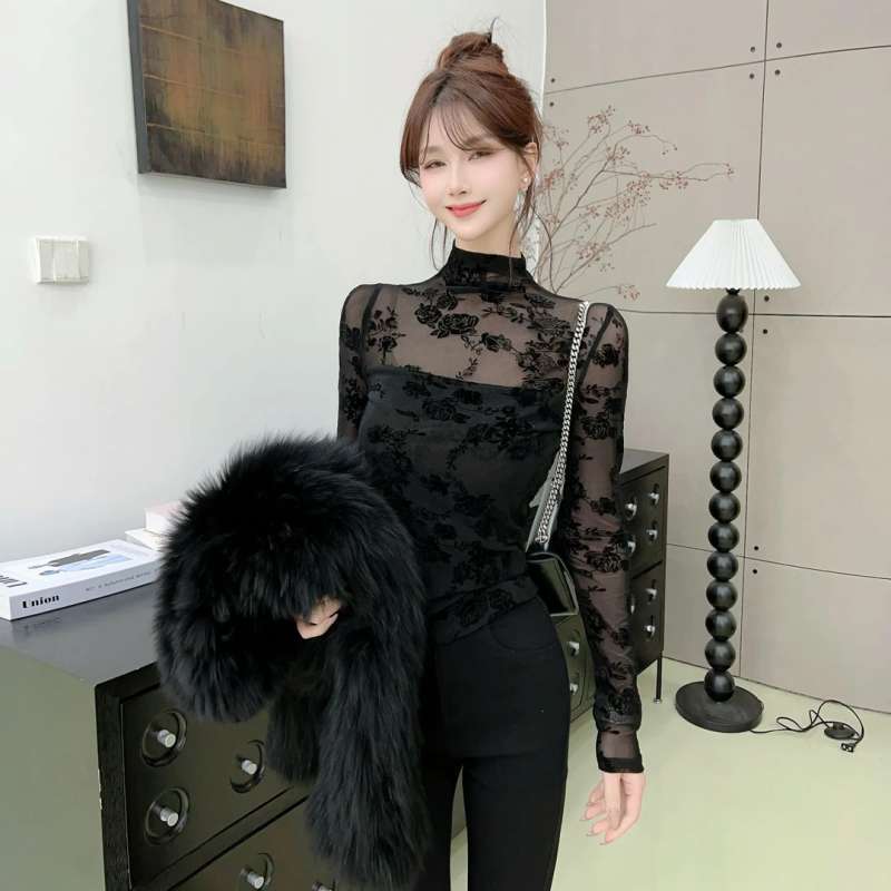 Svart krydderblonder flocking halv høy hals langermet t-skjorte dame høst og vinter premium følelse inner topper