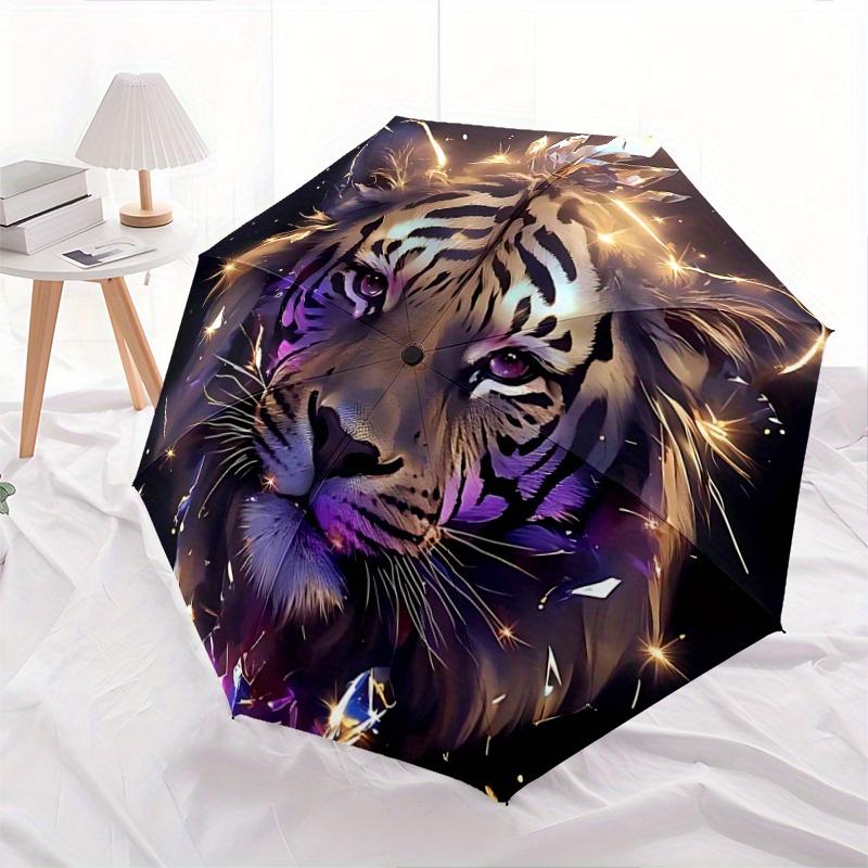 

1pc Majestic Tiger with Crystal Crowns Pattern Umbrella, Fashionable, Personalized, High-Value Folding Umbrella, a Must-Have for Summer, 8-Rib Durable