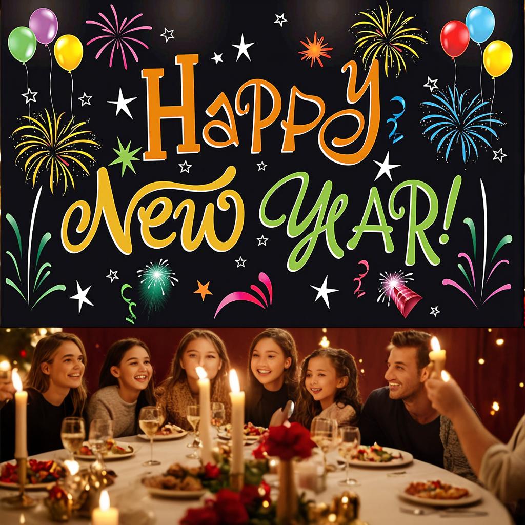 2025 Baner Tło na Dzień Nowego Roku Dekoracja na Imprezę 180X110cm Szczęśliwego Nowego Roku Tło Fotobudka Kolorowe Fajerwerki Akcesoria