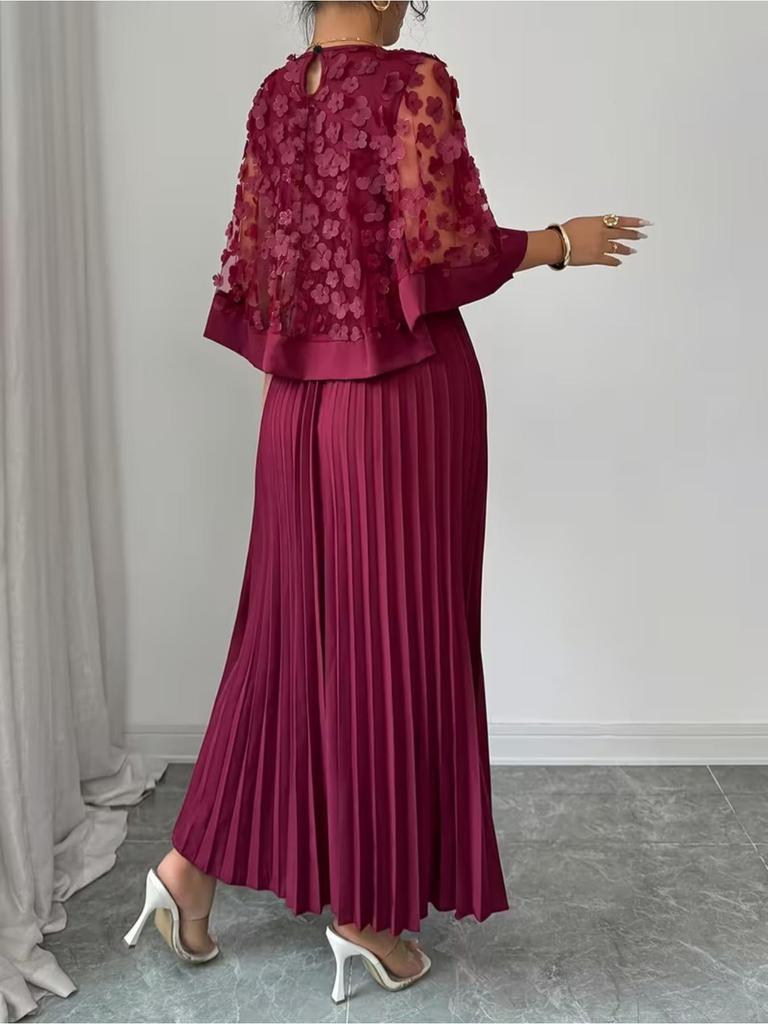 Women's Elegant 3D Floral Mesh Patchwork A-Line Dress with Pleated Skirt