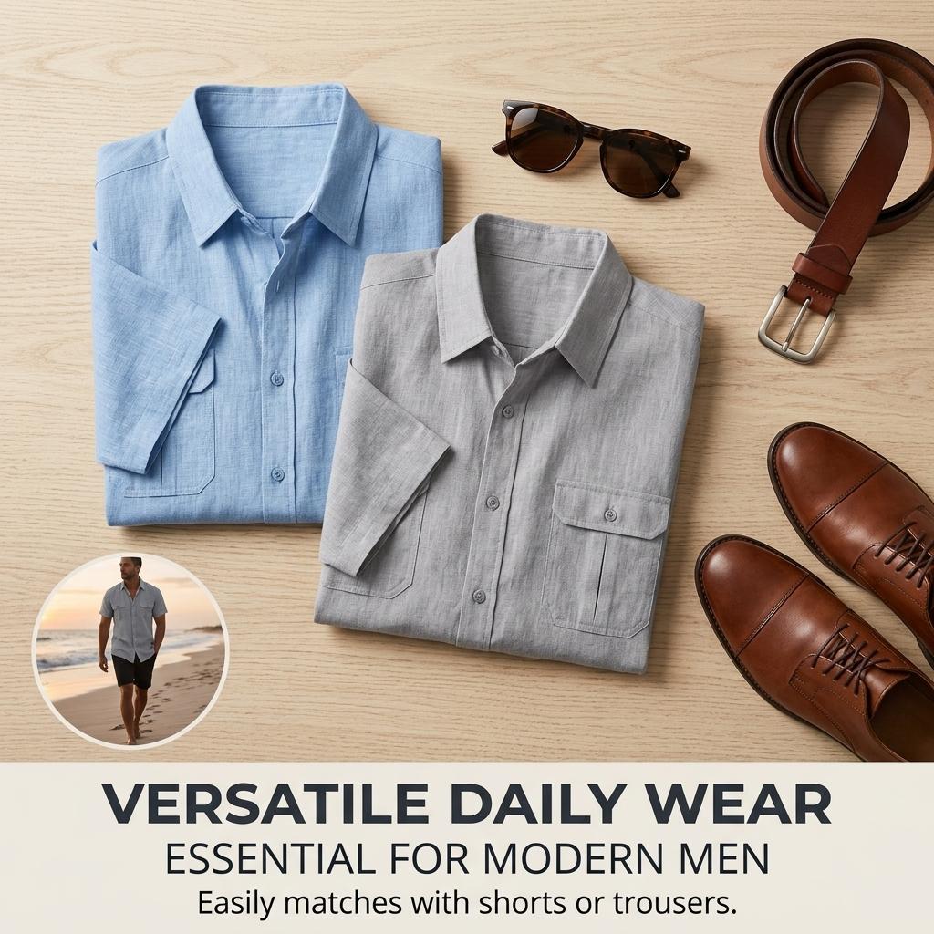 Men'S Shirt With Double Pockets Cotton-Linen Short-Sleeve Shirt Casual Vacation Shirt