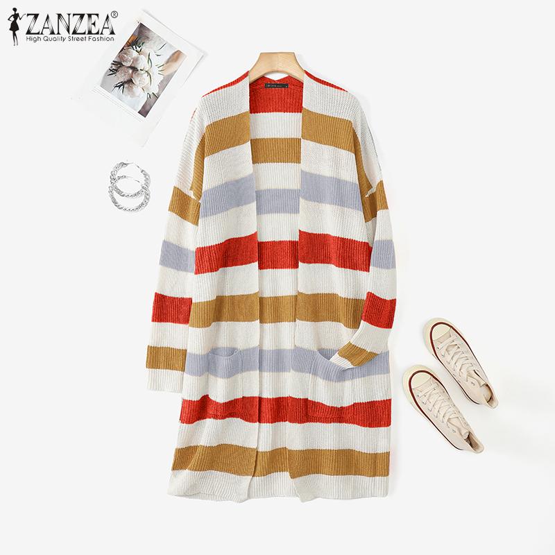 

ZANZEA Осень Весна Женские Полосатые Кардиганы с Длинным Рукавом, Повседневные Длинные Вязаные Свитеры с Открытой Передней Частью M жёлтый