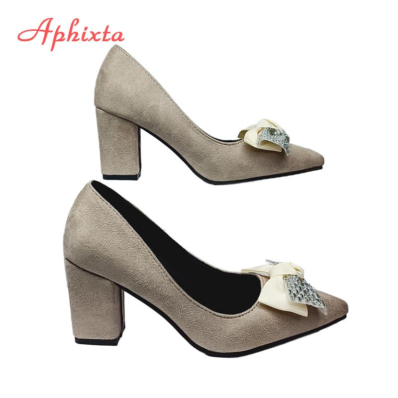 Fashion Aphixta Fashion Bling Crystal Bow 7cm Heels Pumps Women Butterfly-knot Pointed Toe Flock Suede Shoes Super Big Size 35-53