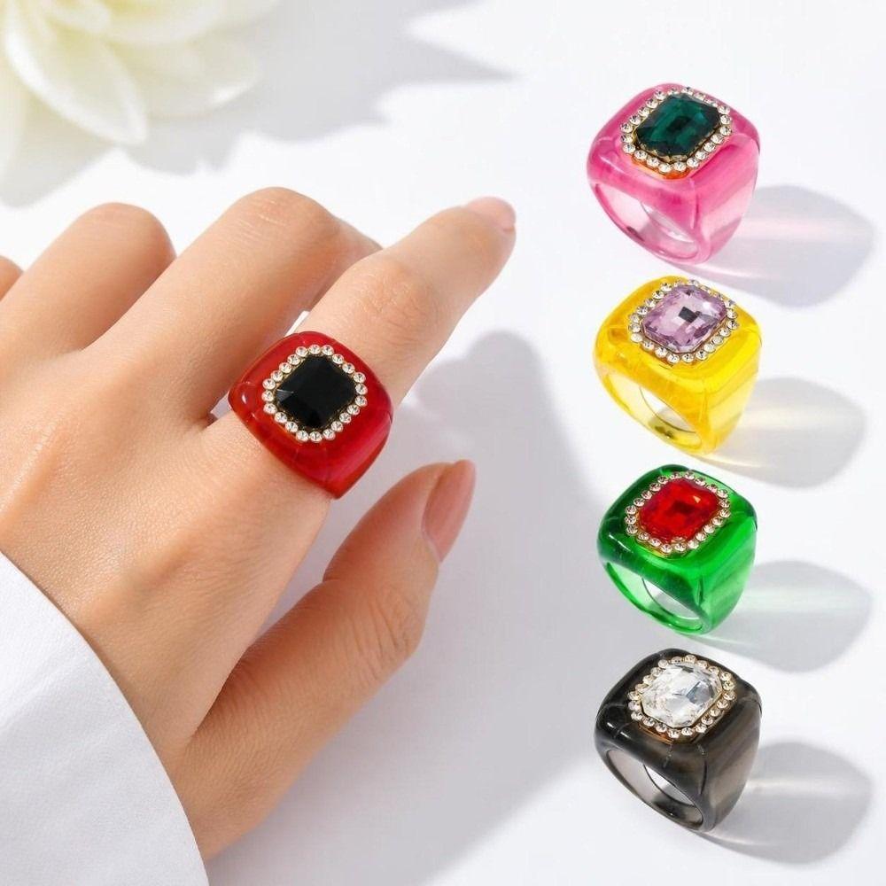 Geometric Finger Ring Resin Square Ring New Rhinestones Ring for Women