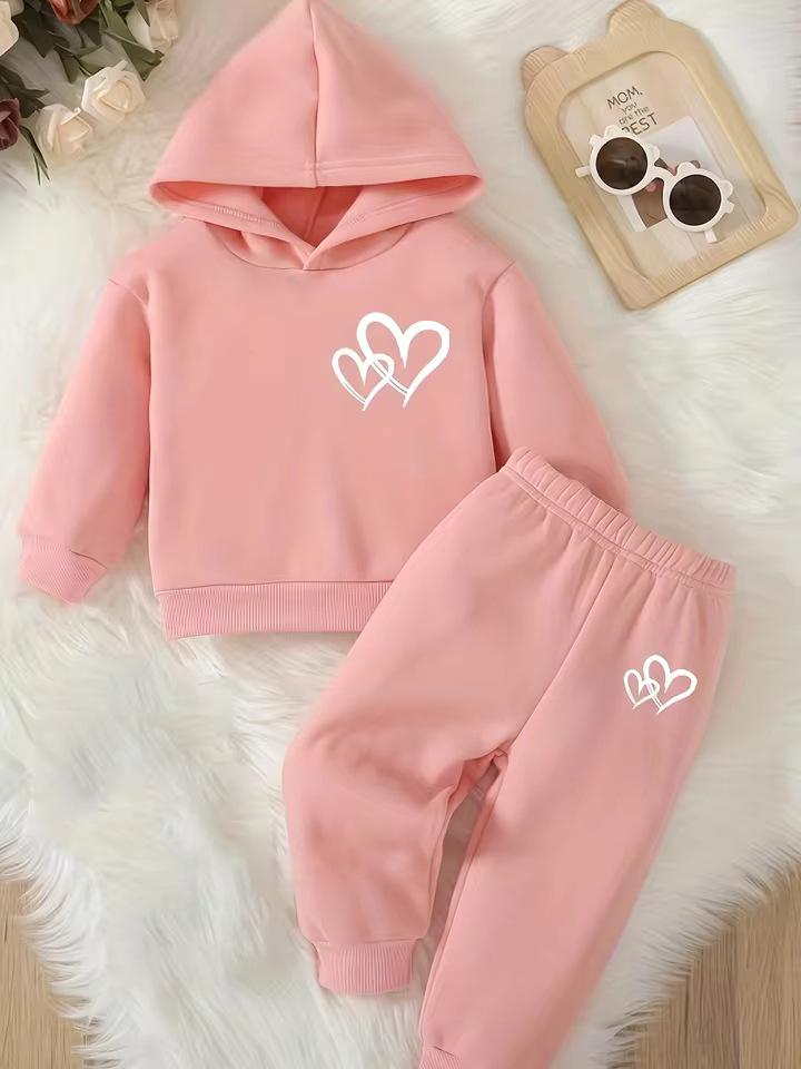 Girls' Toddler/Children's 2-Piece Autumn/Winter Set: Heart-Patterned Hooded Wool Sweatshirt & Sweatpants