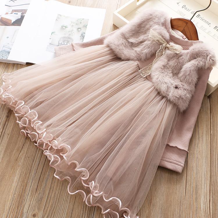 

1-7 years old Winter Girl Pink Long sleeved Lace Bow Dress Baby Tank Top Dress Children s Clothing Princess Solid Color Dress 90