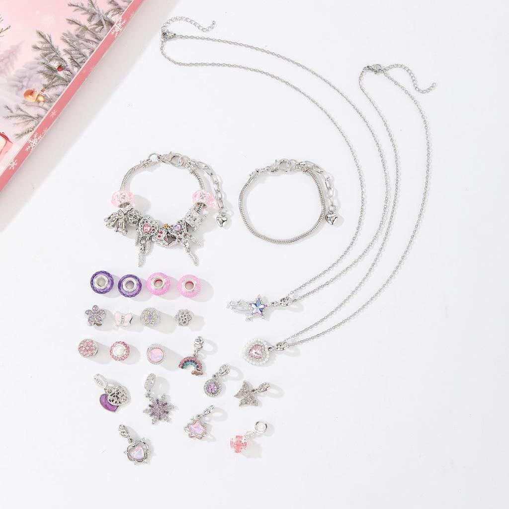 Set Regalo di Natale Rosa-Viola da 31 Pezzi: Braccialetto con Perline, Collana, Acchiappasogni Fai da Te e Cordino a Mano per il Nuovo Anno