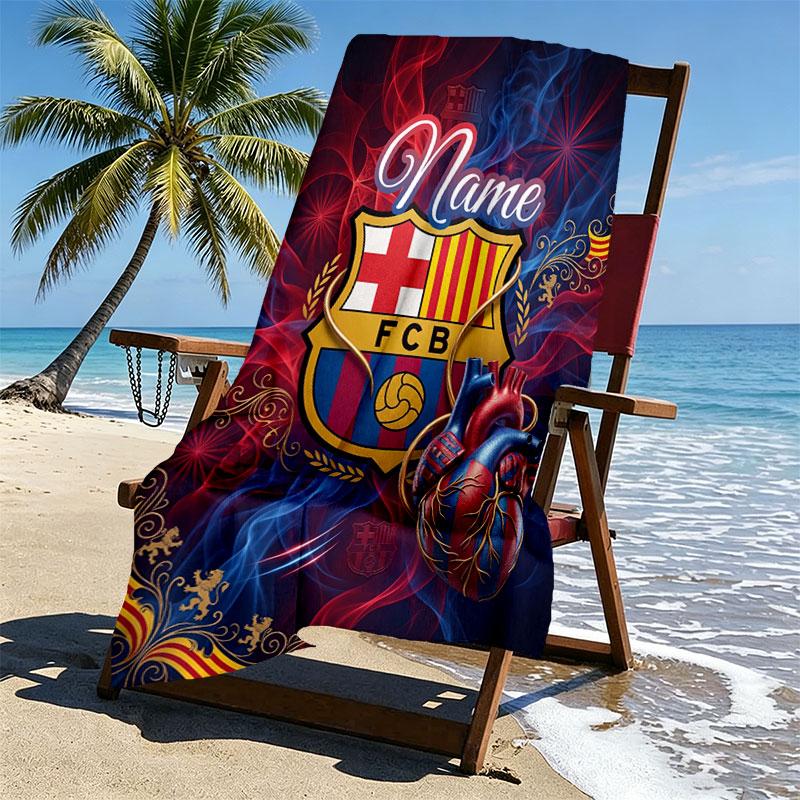 Personalisierter Strandtuch mit individuellem Namen, FC Barcelona Druck, für Reise, Camping, Strandparty, Heimdekoration, Geburtstagsgeschenk für Familie & Freunde
