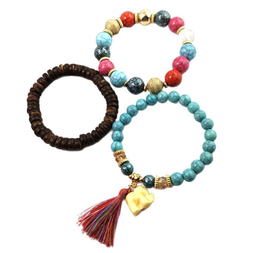 Bohemian Ethnic Beaded Bracelets with Elephant and Tassel 