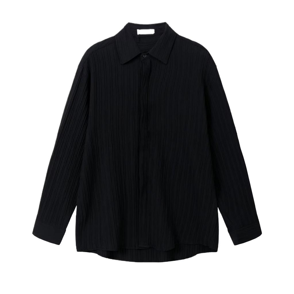 Black Apricot White Long-sleeved Shirt Men Fashion Social Mens Dress Shirt Korean Loose Casual Pleated Shirts Mens Formal Shirt