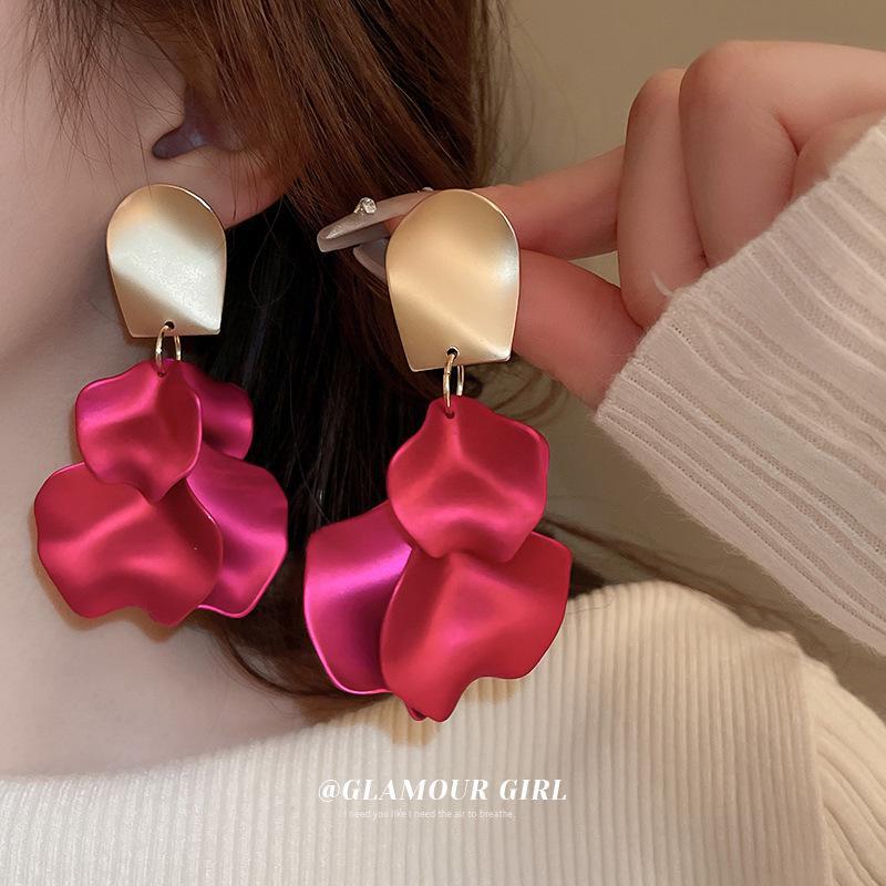 Silver Needle Rose Petal Long Tassel Earrings - European & American High-End Style