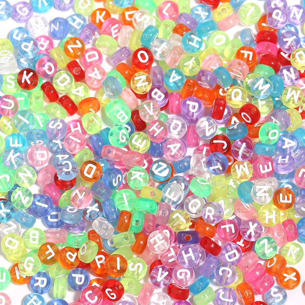 100pcs/Lot 7mm Mixed Letter Acrylic Beads Colored Transparent Round Flat Spacer Alphabet  Beads For DIY Craft Bracelet Necklace