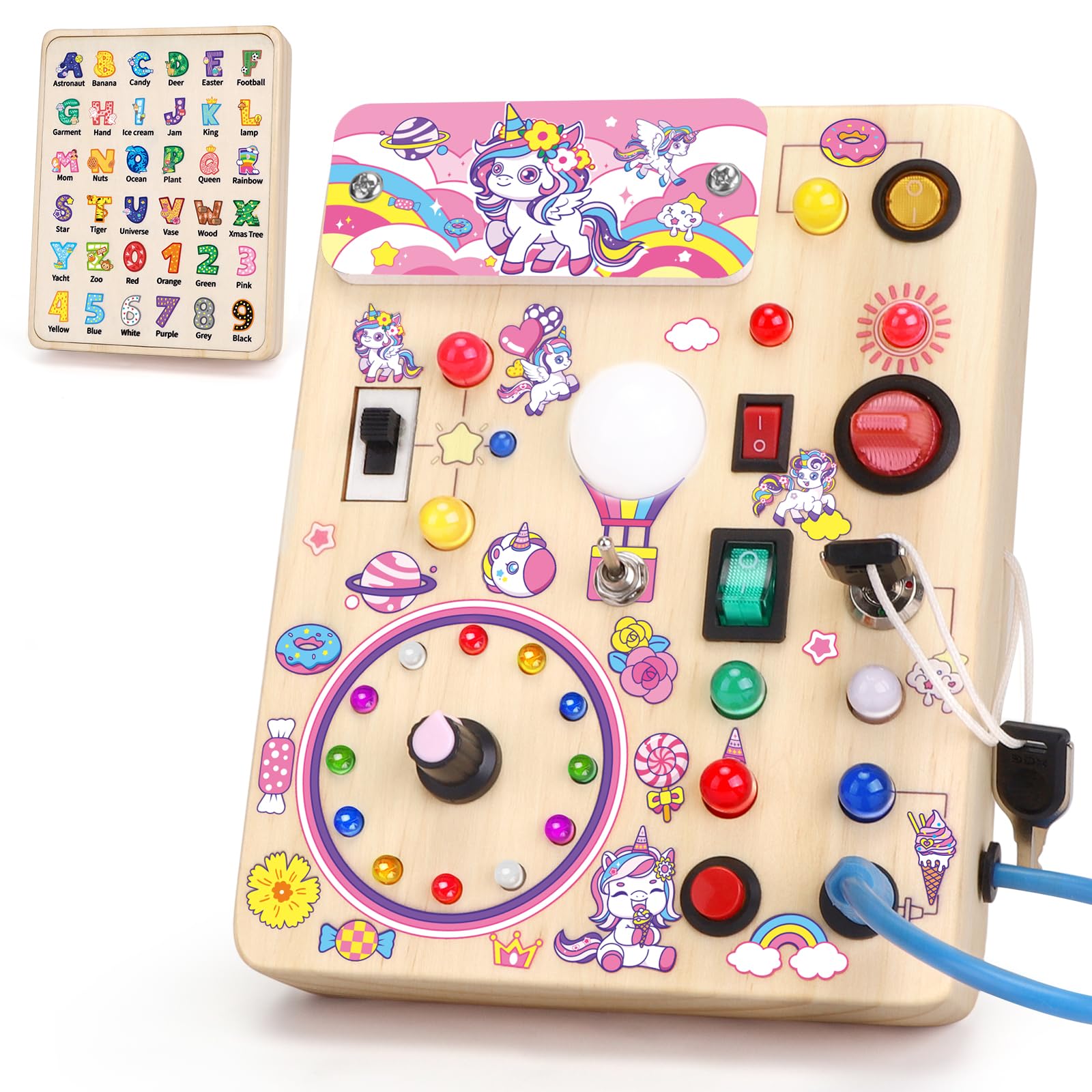 

Sensory Toys Busy Board Montessori Toy for Ages Wooden Toddler Travel Toy for Girls Busy Board Plus Game, 1+, (Unicorn V2)