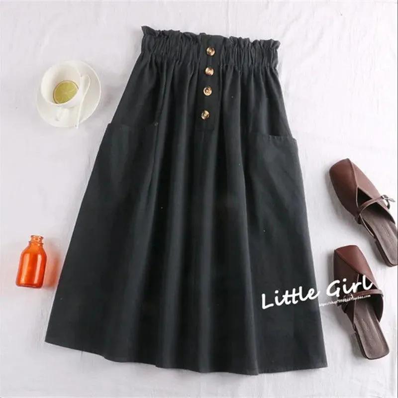 Women Casual Skirt Elastic High Waist A-Line Skirt with Large Hem Solid Color Buttons Decor Pockets Midi Skirt