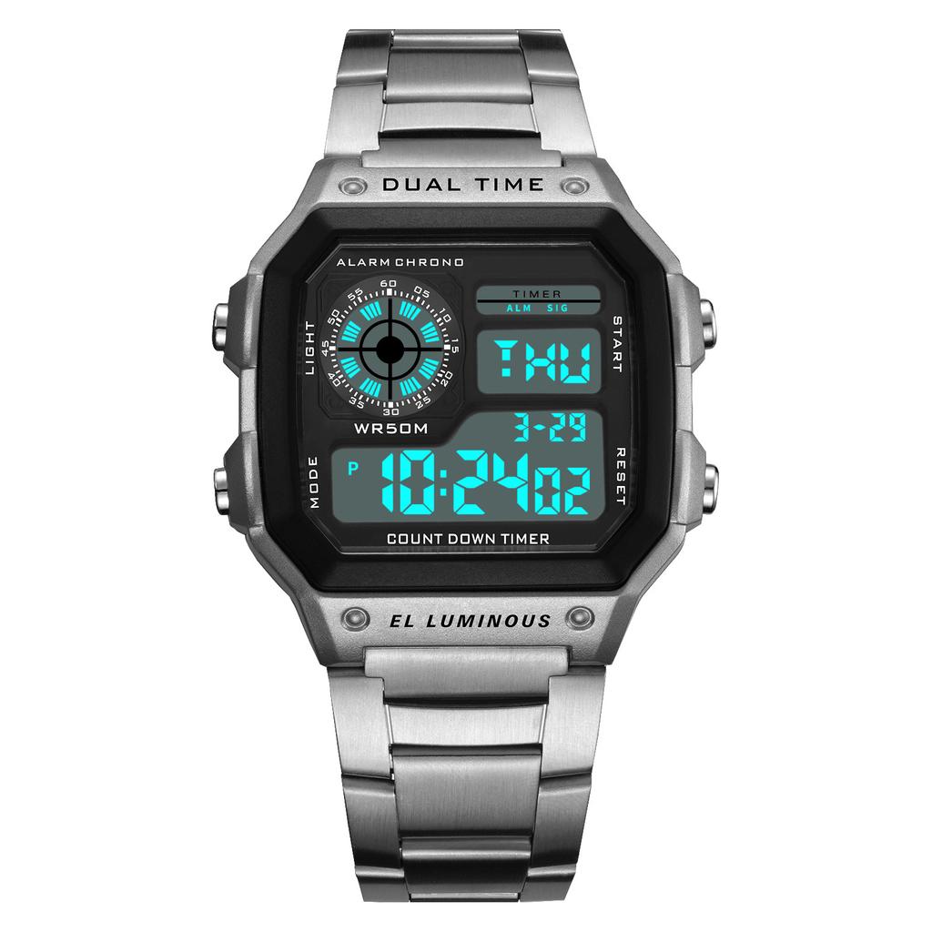 Waterproof Digital Watch Stainless Steel Multi Functional Vintage Luminous Sports Watch Silver