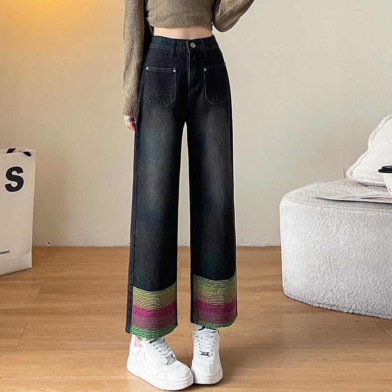 High-Waisted Slim Cigarette Jeans - Women s Retro Patchwork, Cropped for Autumn/Winter X-Large