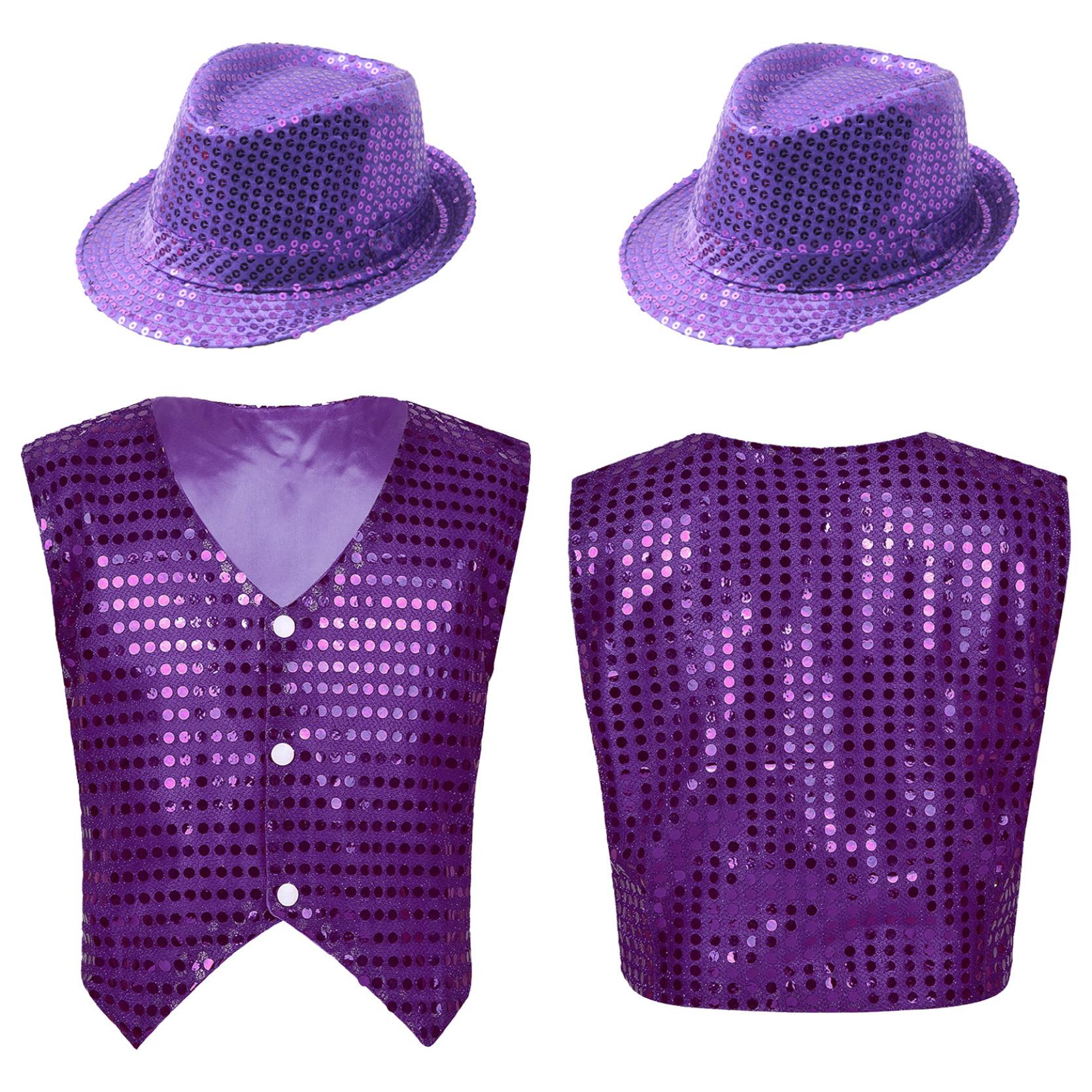 

Детский жилет без рукавов для мальчиков и девочек с блестящими пайетками и пуговицами, жилет и шапка для джазового танца на сцене 14-15 Years фиолетовый