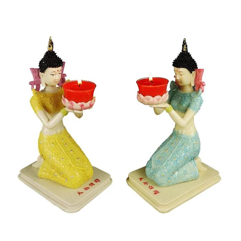 1 Pair Resin Dunhuang Fairy Lamp Holders Chinese Lotus Buddha Front Lamp Holder Offering Feng Shui Ornaments Candlestick Holder
