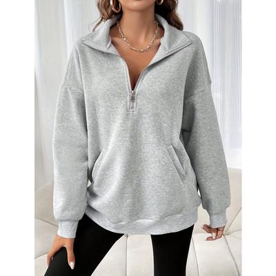 Felpa con zip e tasche oblique, Felpa casual a manica lunga con girocollo per autunno e inverno, Abbigliamento da donna