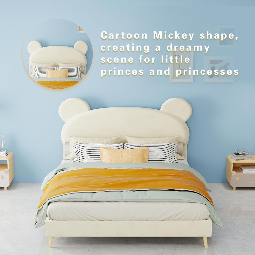 Modern Minimalist Upholstered Bed with Plush Cartoon-Themed Headboard, 140*200 cm, Beige, Multifunctional Bedroom Furniture, Low-Profile Solid Base