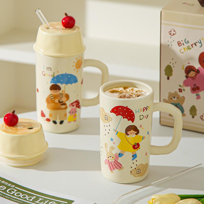 Boys and Girls Ceramic Cup with Lid Straw Couple Drinking Cup Mug Milk Breakfast Cup Souvenir