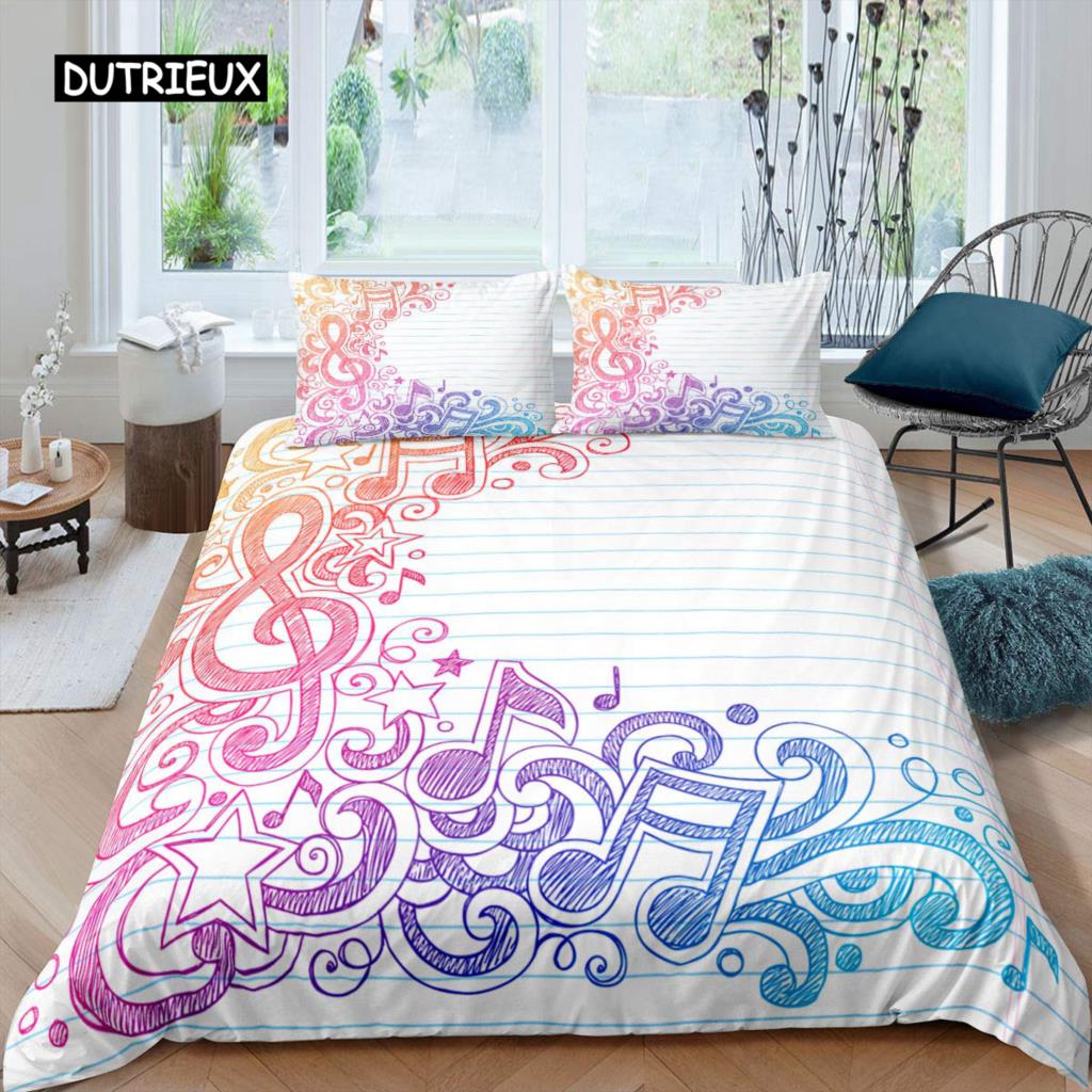Music Notes Duvet Cover Set Queen Size Purple Musical Theme Bedding Set Gold Shiny Pattern Comforter Cover for Kids Girls Adult