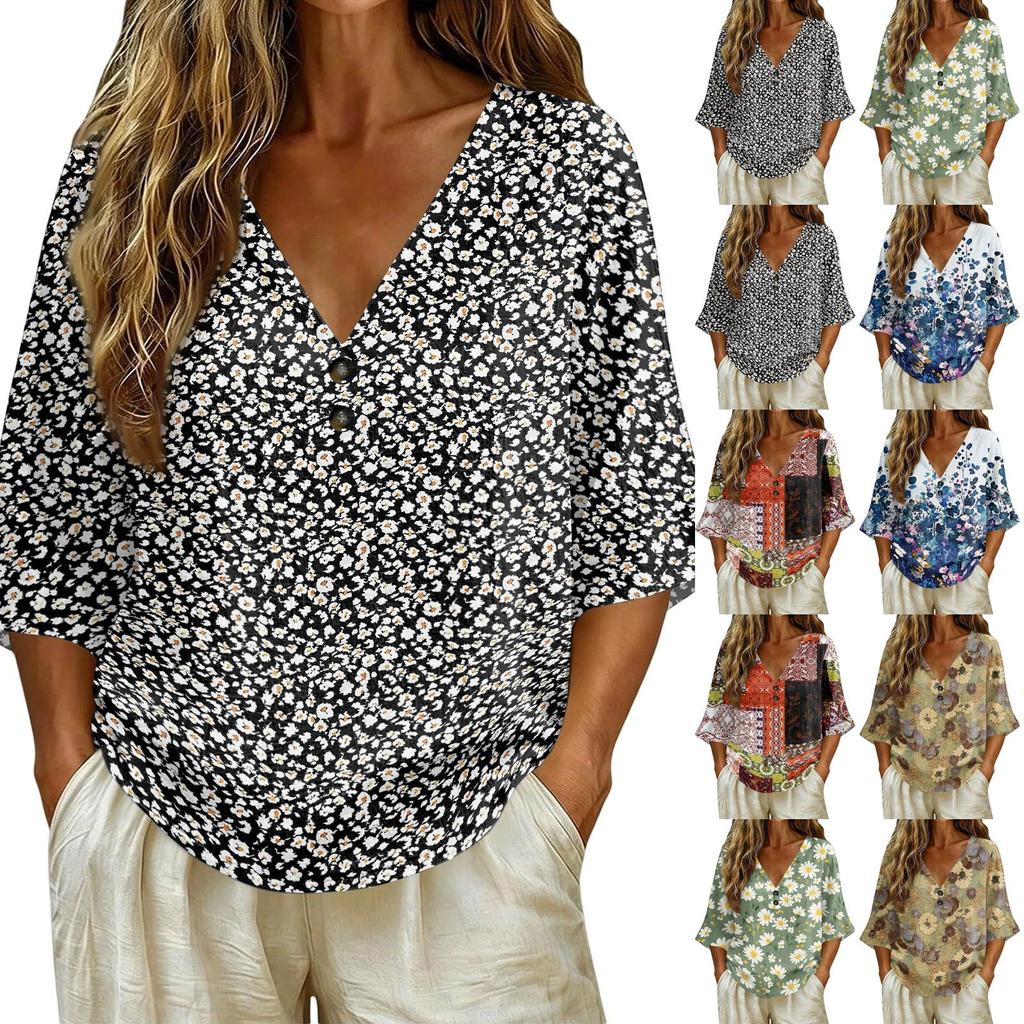 Women's Vintage Floral Print V Neck Short Sleeve Loose Fit T Shirt Made with Linen Blend Fabric Casual Summer Top for Daily Wear