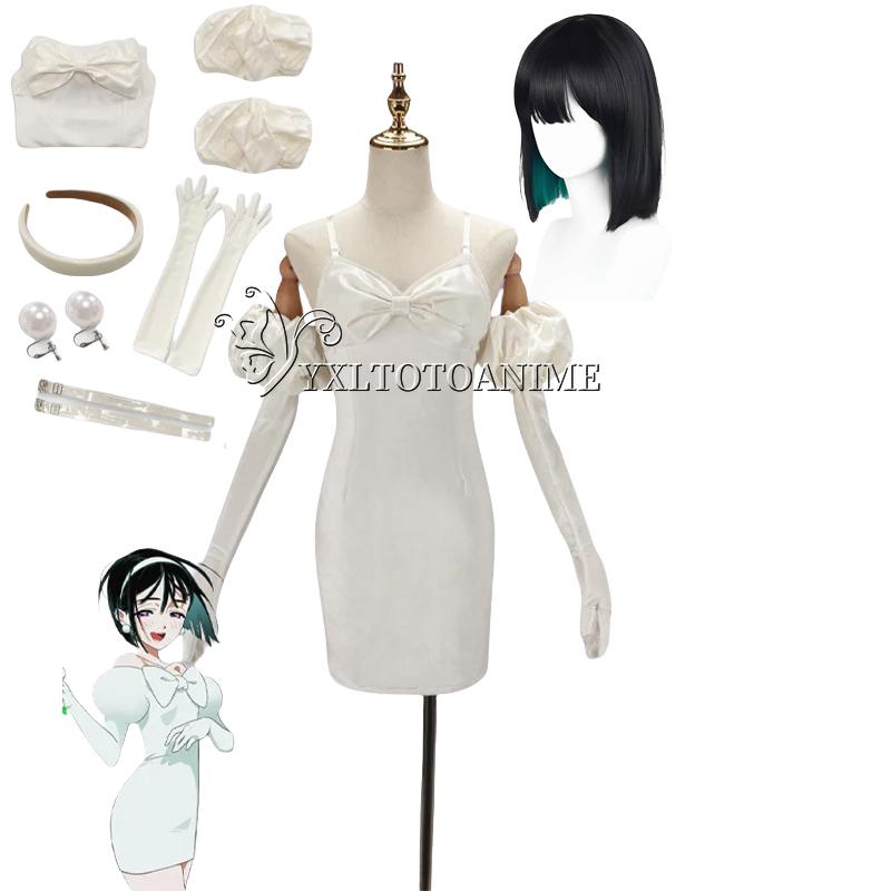 Sua Cosplay Kostuum Pruik Anime Buitenaards Podium Cosplay Kostuum Microfoon Wit Jurkje Oorbellen Korte Zwarte Pruik Sua Cosplay Kleding L white