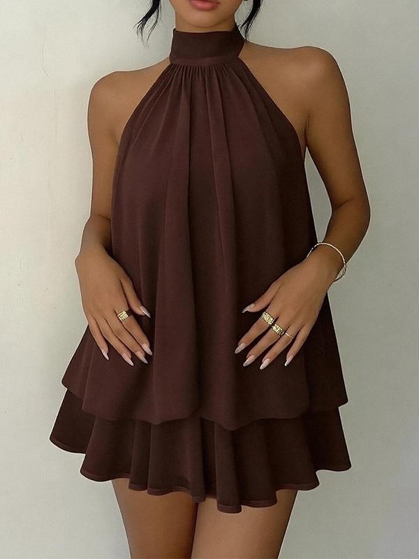 European & American Women's Backless Halter Strap Dress - Holiday Slim Fit with Puffy Short Skirt