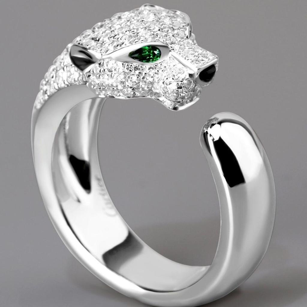 Stylish White Gold Micro-Set Zirconia Open Ring With Fierce Leopard Head Design For Men And Women