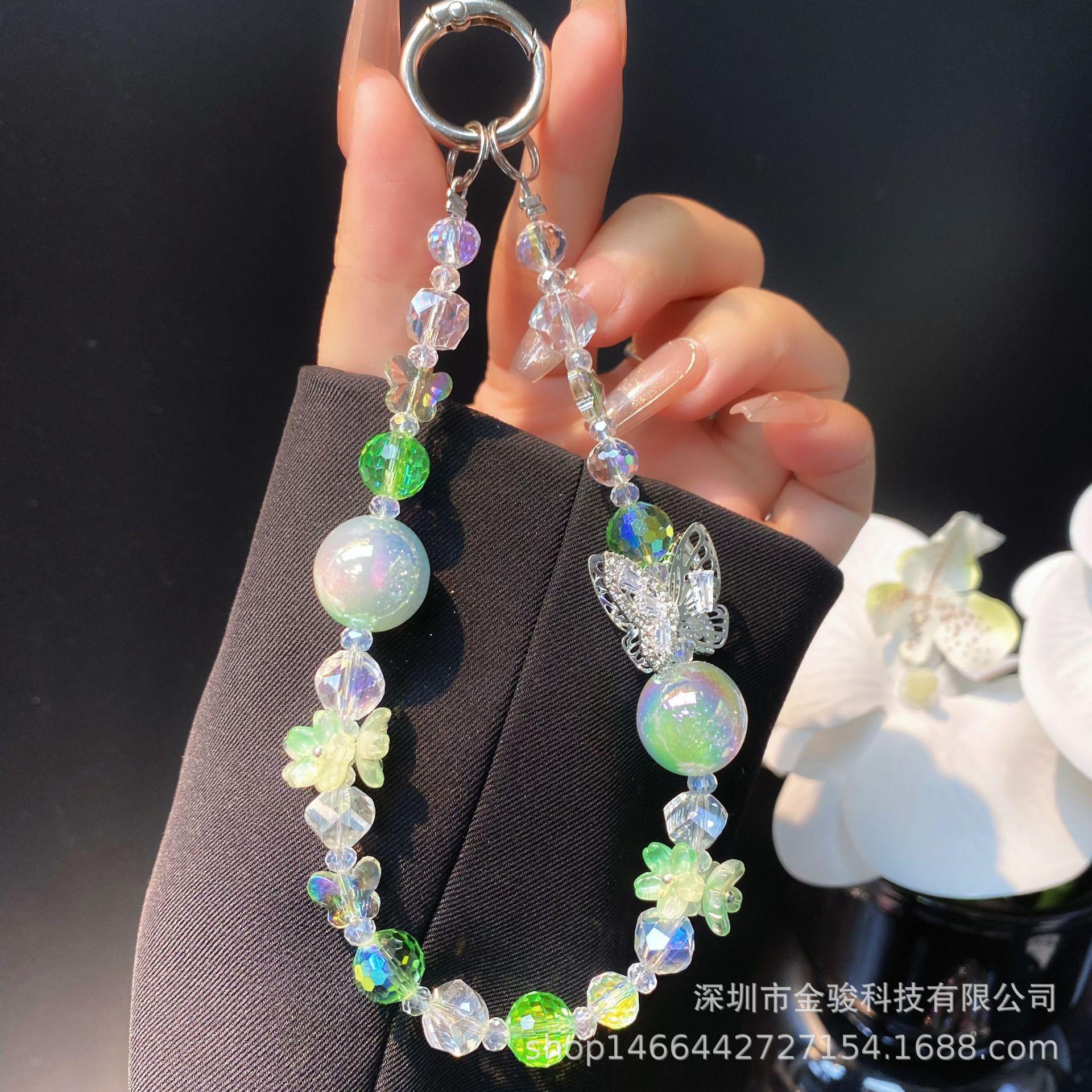 

Phone Lanyard Rope Phone Case Lanyard Hollow Alloy Butterfly Zircon Cat s Eye Bead Phone Chain Crystal Bead Chain green【Hollow Butterfly