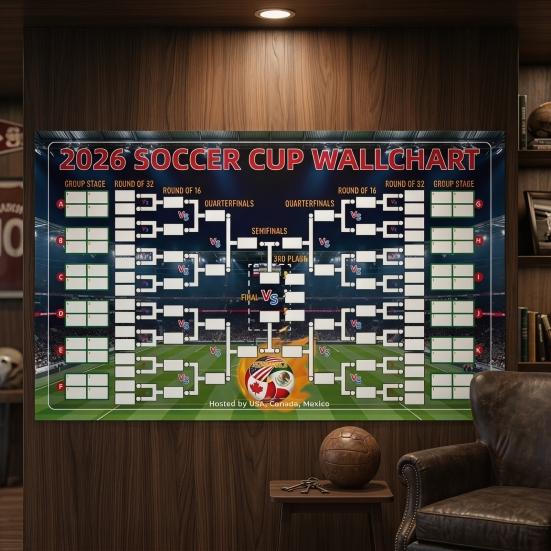 Voetbal Wandkaart Poster, Knock-out Schema En Finale Volg Wandvlag, Herbruikbare Waterdichte Polyester Wandtapijt voor Wedstrijdresultaten Registratie