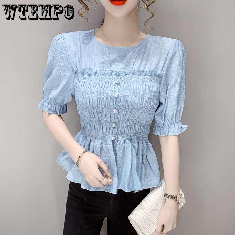 WTEMPO Chemises en mousseline de soie unie pour femmes, coupe ajustée, manches courtes bouffantes, polyvalentes, style streetwear, été