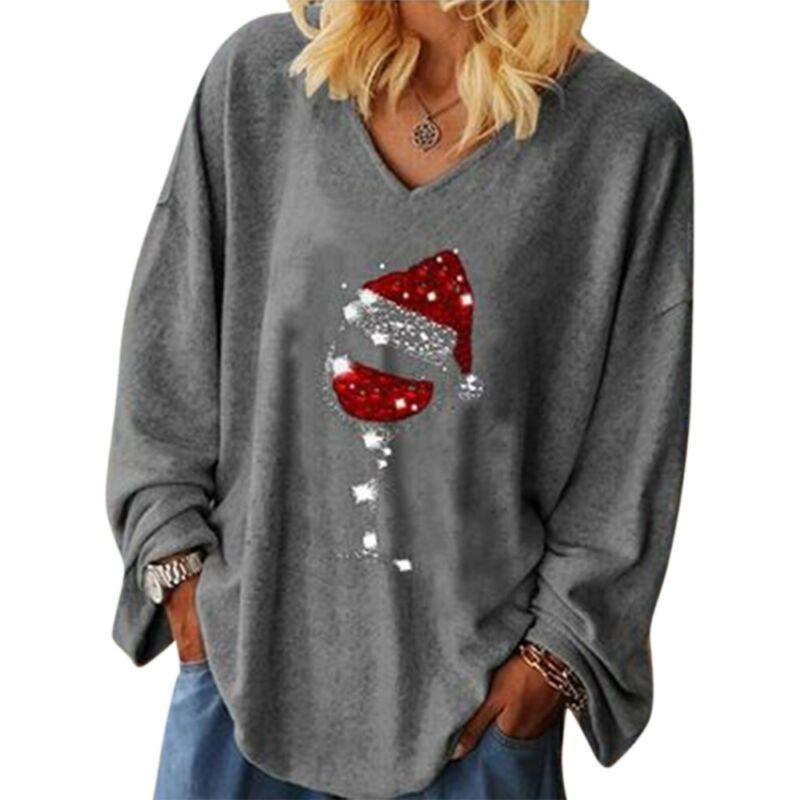 Christmas Wine Womens Glass Tee Tshirt Vneck Long Sleeve Pullover Tops Blouse