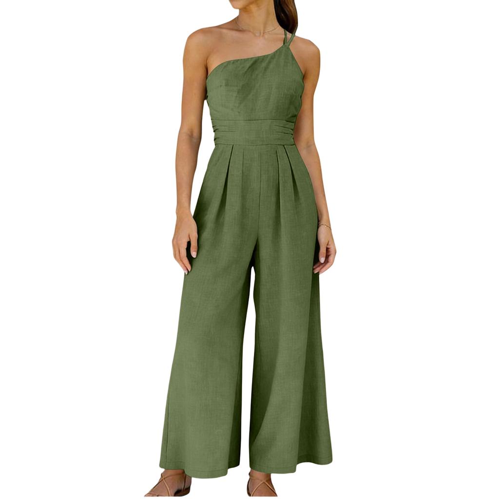Women's Color Loose Wide Leg Cotton Linen Jumpsuit Pants