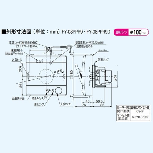 Panasonic Pipe fan automatic operation (human sensing) plug cord FY-08PPR9