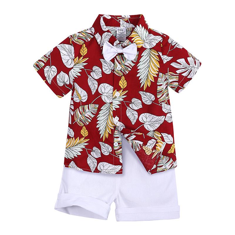 Blumenblatt-Print Kurzarm-Hemd Set für Jungen - Europäischer & Amerikanischer Stil