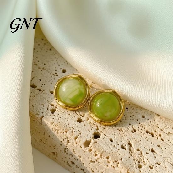 Soft Color Resin Studs 1 Pair Gemstone Stud Earrings for Women, Gold Plated Round Natural Slimming Face Shape Healing Stone Earrings, Stainless Steel