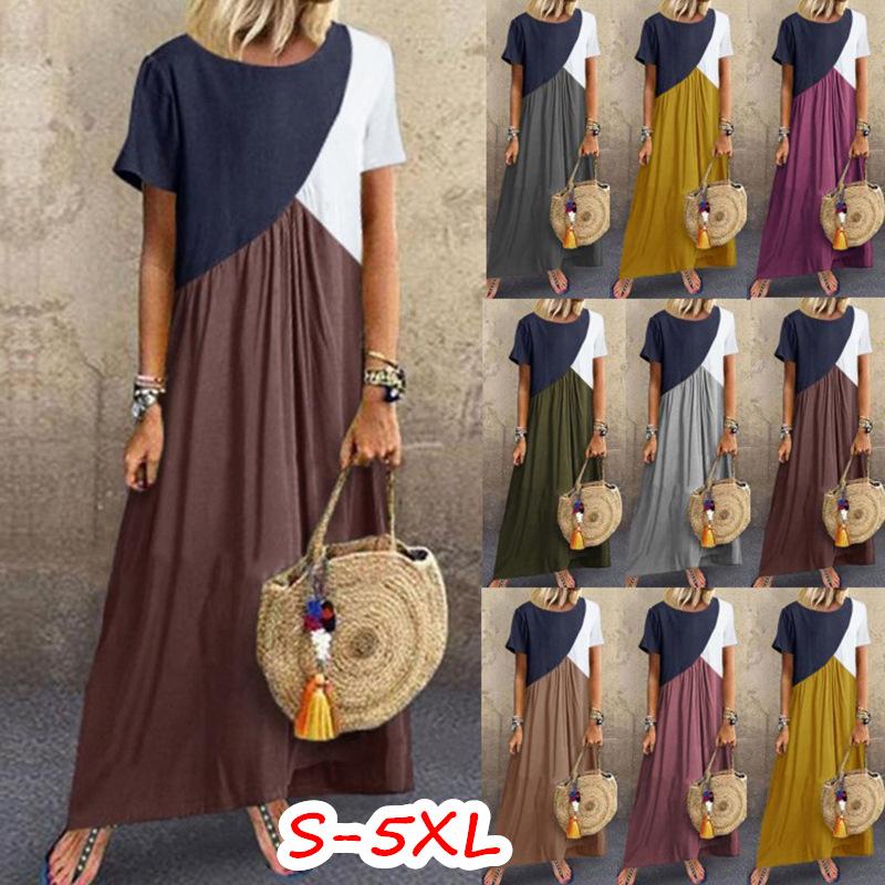 Women Dresses Long Maxi Dresses for Women Vestidos Casual Dress Beach Patchwork Color Short Sleeve Loose Casual Plus Size Dress
