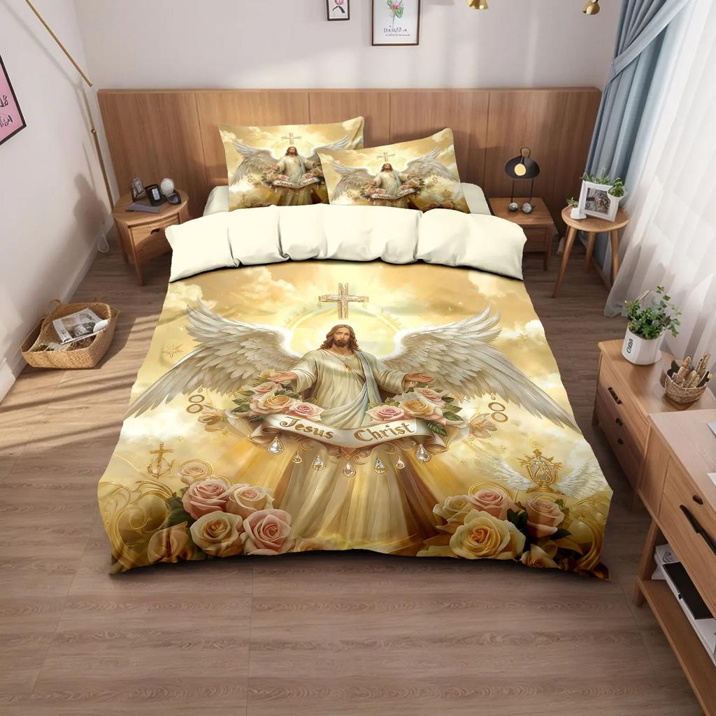 Set di biancheria da letto a tema Gesù in poliestere stampato, 3 pezzi, morbido e confortevole, disponibile in diverse misure e lavabile in lavatrice
