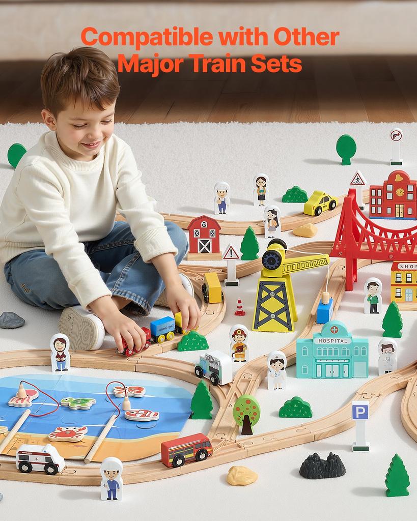 VEVOR Wooden Train Set, 39PCS, Wood Train Track with Magnetic Trains and Railway Accessories, Compatible with Major Brands, Small Town