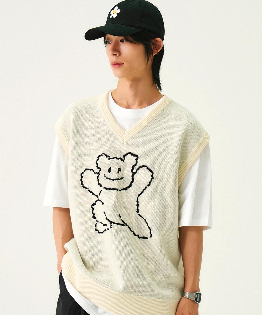 Graver [Unisex] Big Line Bear Smile Knit Vest_Cream
