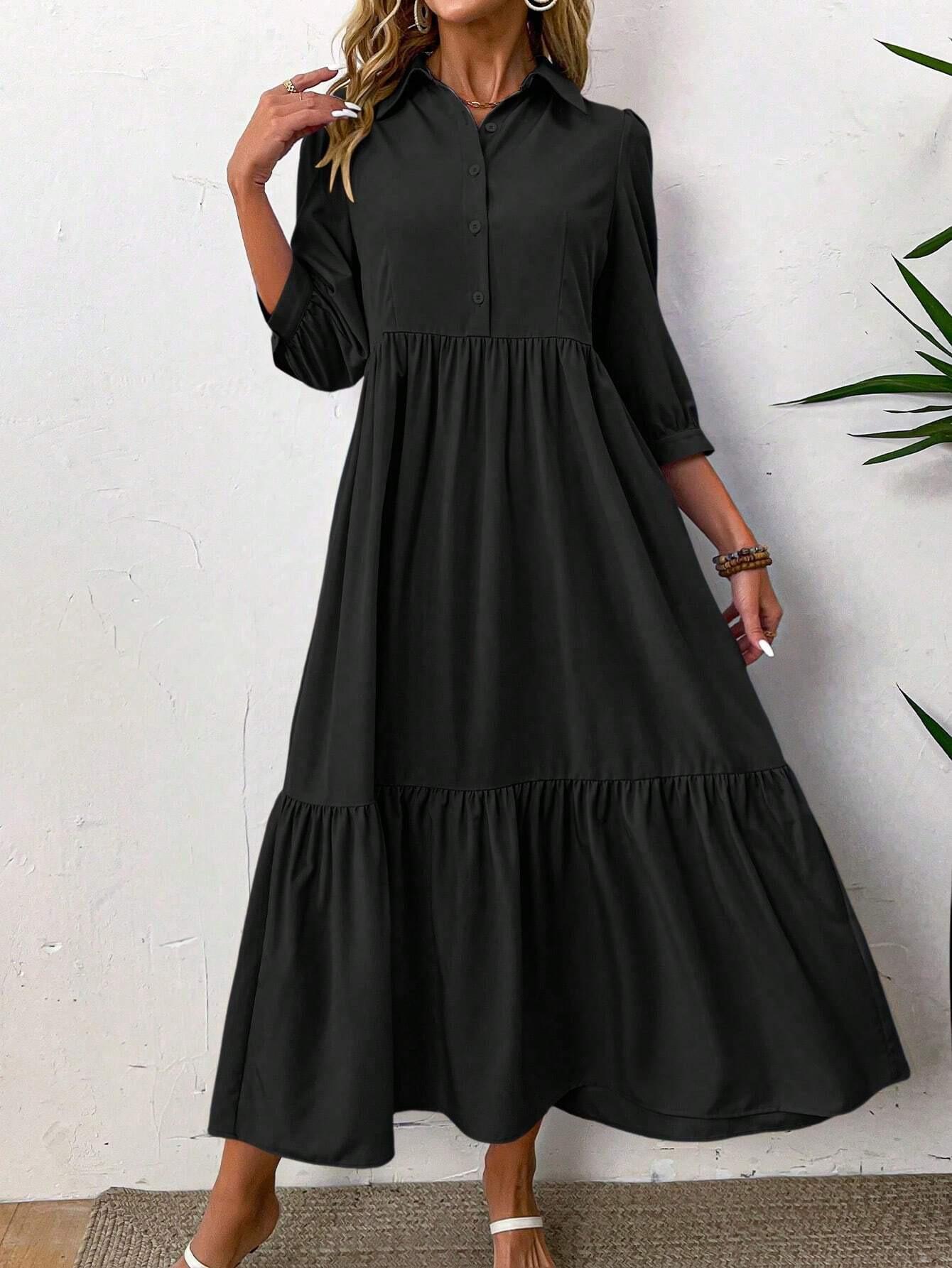 Women s Spring and Autumn New Shirt Dress Women s Elegant Fashion Casual Lapel Pendulum Dress S чёрный