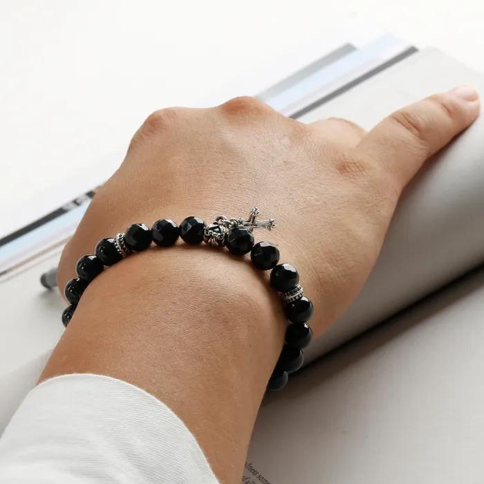 Natural Stone Black Cut Cross Onyx Bead Bracelet C22SVB-1002