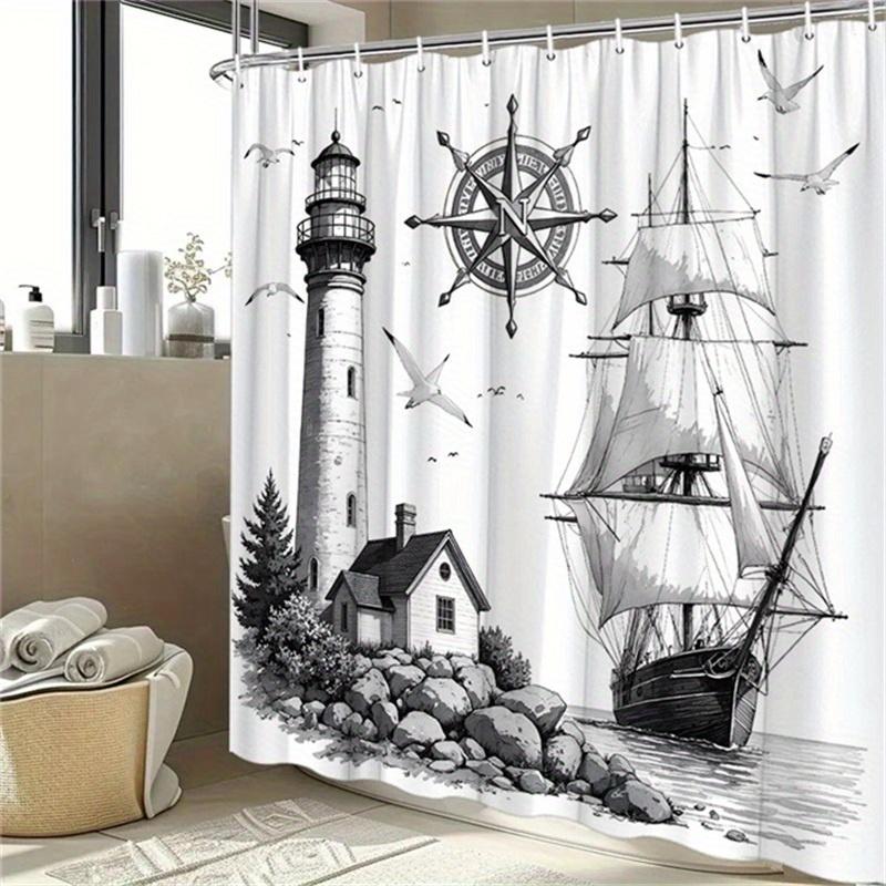 Retro Nautical Shower Curtain - Lighthouse & Sailing Ship, Spiral Staircase, Seagulls & Compass Rose, Polyester,70.8x70.8 Inches