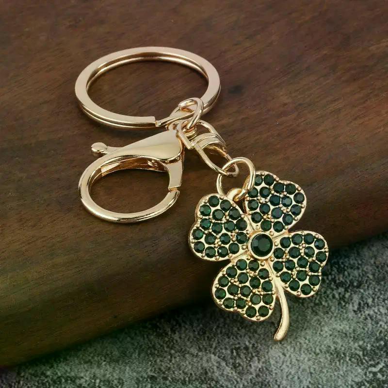 Trendy Exquisite Rhinestone Four-leaf Clover Keychain Lucky Luxury Metal Keyring For Women Bag Charms Key Holder Pendant