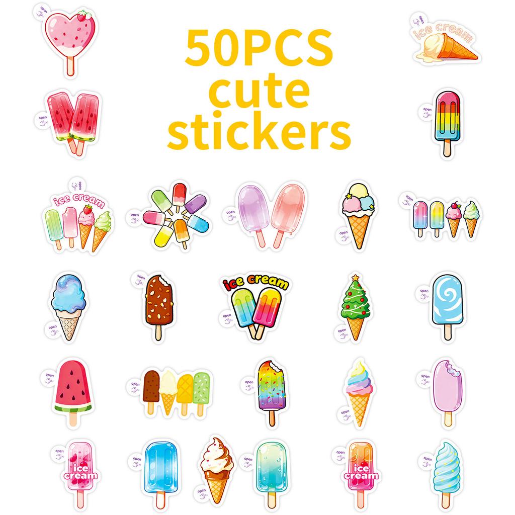 50 Macaron Cones Ice Cream Popsicles Cartoon Graffiti Stickers Easy Tear Small Handles Stickers Diary Decoration