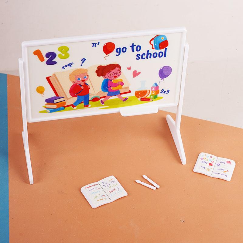 

Detailed 1:12 Dollhouse Miniature Classroom Kit with Desk, Chalkboard, Book Bag; Perfect for Doll House Accessories